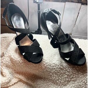 Jennifer Lopez Black Strappy Heels with Rhinestones